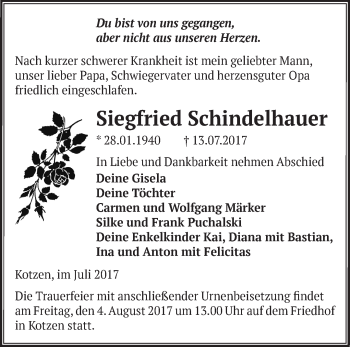 Traueranzeige von Siegfried Schindelhauer von Märkische Oderzeitung