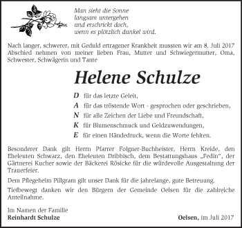 Traueranzeige von Helene Schulze von Märkische Oderzeitung