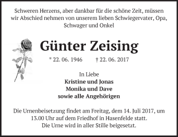 Traueranzeige von Günter Zeising von Märkische Oderzeitung