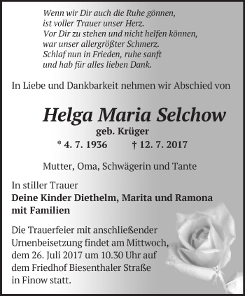 Traueranzeige von Helga Maria Selchow von Märkische Oderzeitung