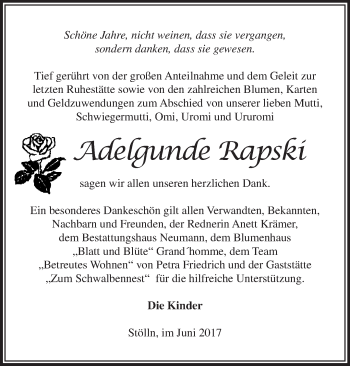 Traueranzeige von Adelgunde Rapski von Märkische Oderzeitung