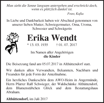 Traueranzeige von Erika Wendt von Märkische Oderzeitung