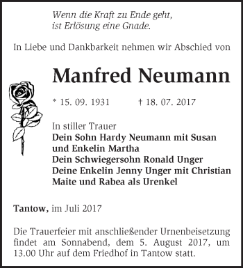 Traueranzeige von Manfred Neumann von Märkische Oderzeitung