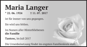 Traueranzeige von Maria Langer von Märkische Oderzeitung