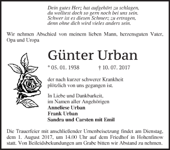 Traueranzeige von Günter Urban von Märkische Oderzeitung