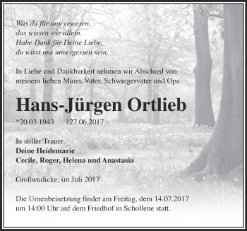 Traueranzeige von Hans-Jürgen Ortlieb von Märkische Oderzeitung