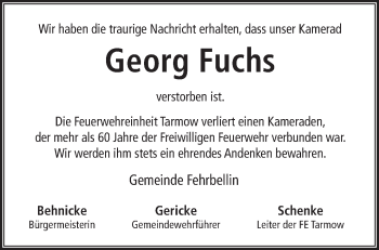 Traueranzeige von Georg Fuchs von Märkische Oderzeitung