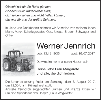 Traueranzeige von Werner Jennrich von Märkische Oderzeitung