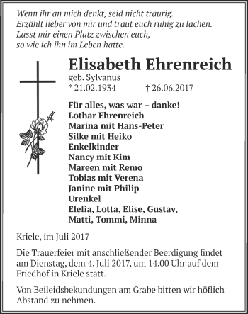 Traueranzeige von Elisabeth Ehrenreich von Märkische Oderzeitung