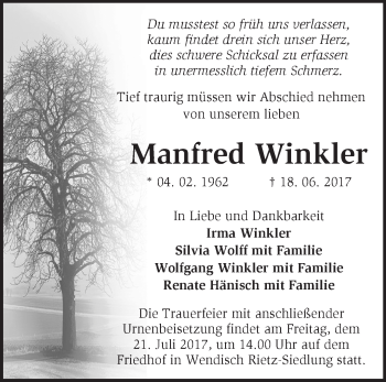 Traueranzeige von Manfred Winkler von Märkische Oderzeitung