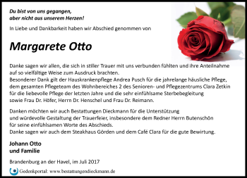 Traueranzeige von Margarete Otto von Märkische Oderzeitung