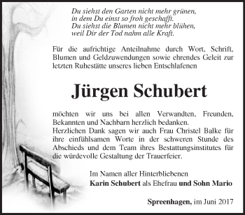 Traueranzeige von Jürgen Schubert von Märkische Oderzeitung