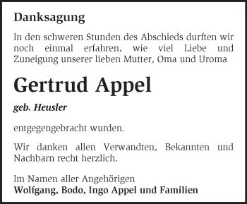 Traueranzeige von Gertrud Appel von Märkische Oderzeitung