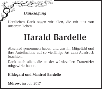 Traueranzeige von Harald Bardelle von Märkische Oderzeitung