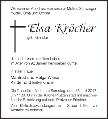 Traueranzeige von Elsa Kröcher von Märkische Oderzeitung