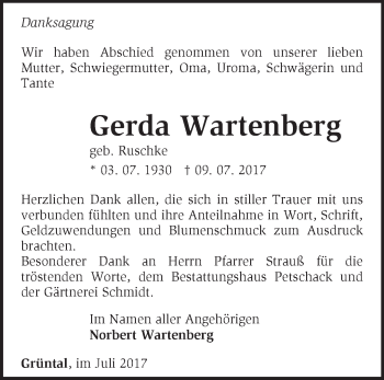 Traueranzeige von Gerda Wartenberg von Märkische Oderzeitung