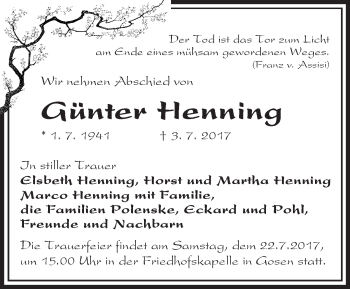 Traueranzeige von Günter Henning von Märkische Oderzeitung