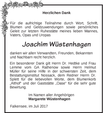 Traueranzeige von Joachim Wüstenhagen von Märkische Oderzeitung