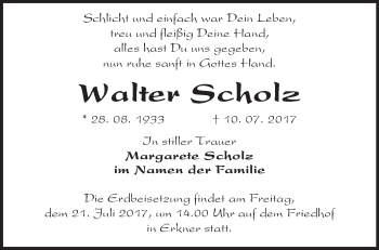 Traueranzeige von Walter Scholz von Märkische Oderzeitung