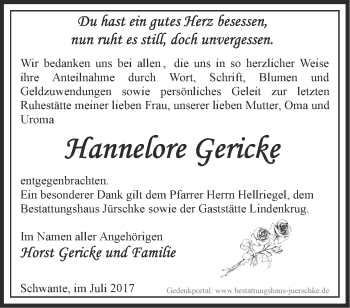 Traueranzeige von Hannelore Gericke von Märkische Oderzeitung