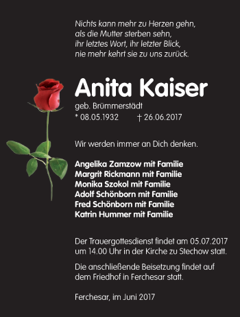 Traueranzeige von Anita Kaiser von Märkische Oderzeitung