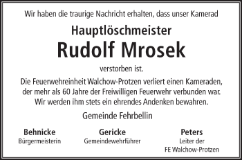 Traueranzeige von Rudolf Mrosek von Märkische Oderzeitung