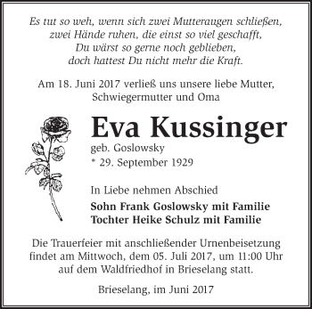 Traueranzeige von Eva Kussinger von Märkische Oderzeitung