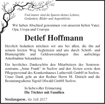 Traueranzeige von Detlef Hoffmann von Märkische Oderzeitung