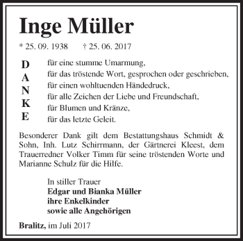 Traueranzeige von Inge Müller von Märkische Oderzeitung