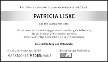 Traueranzeige von Patricia Liske von Märkische Oderzeitung