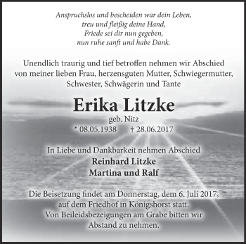 Traueranzeige von Erika Litzke von Märkische Oderzeitung