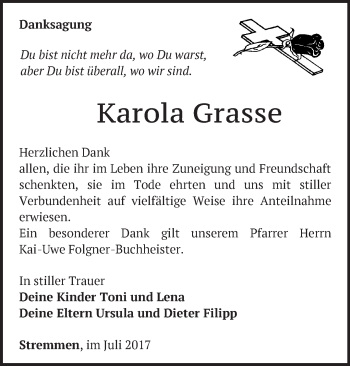 Traueranzeige von Karola Grasse von Märkische Oderzeitung