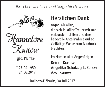 Traueranzeige von Hannelore Kunow von Märkische Oderzeitung