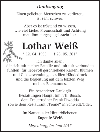 Traueranzeige von Lothar Weiß von Märkische Oderzeitung