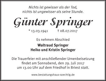 Traueranzeige von Günter Springer von Märkische Oderzeitung