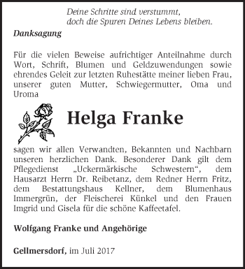 Traueranzeige von Helga Franke von Märkische Oderzeitung