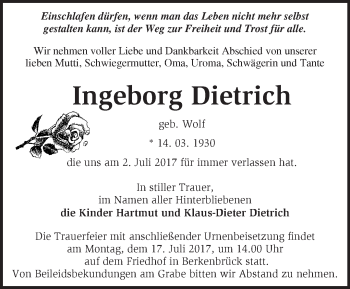 Traueranzeige von Ingeborg Dietrich von Märkische Oderzeitung