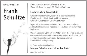 Traueranzeige von Frank Schultze von Märkische Oderzeitung