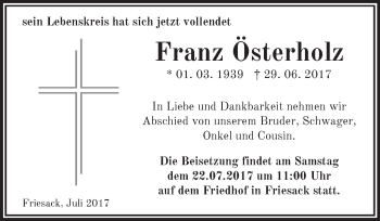 Traueranzeige von Franz Österholz von Märkische Oderzeitung