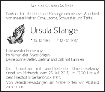 Traueranzeige von Ursula Stange von Märkische Oderzeitung