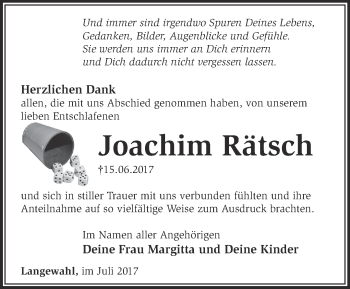 Traueranzeige von Joachim Rätsch von Märkische Oderzeitung