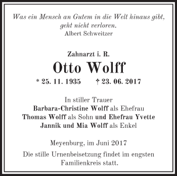 Traueranzeige von Otto Wolff von Märkische Oderzeitung