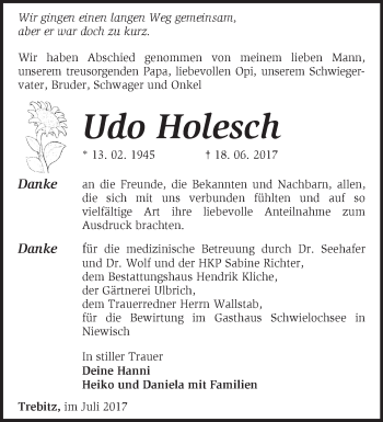 Traueranzeige von Udo Holesch von Märkische Oderzeitung