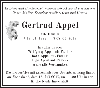 Traueranzeige von Gertrud Appel von Märkische Oderzeitung