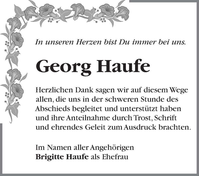  Traueranzeige für Georg Haufe vom 08.07.2017 aus Märkische Oderzeitung