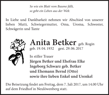 Traueranzeige von Anita Betker von Märkische Oderzeitung