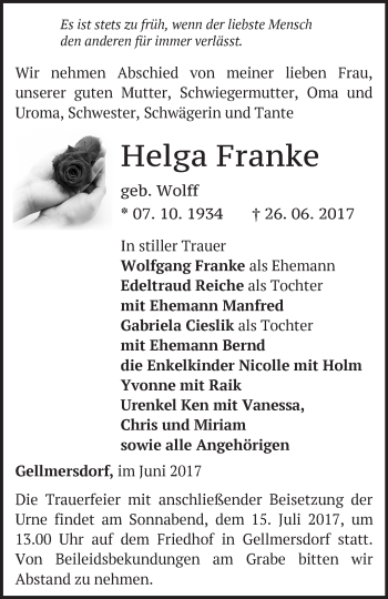 Traueranzeige von Helga Franke von Märkische Oderzeitung