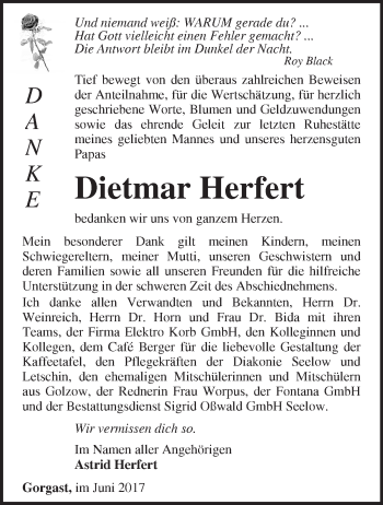 Traueranzeige von Dietmar Herfert von Märkische Oderzeitung