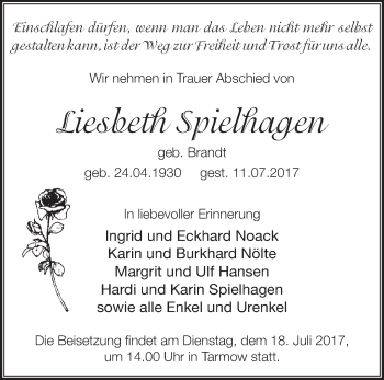 Traueranzeige von Liesbeth Spielhagen von Märkische Oderzeitung