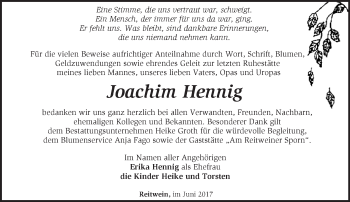 Traueranzeige von Joachim Hennig von Märkische Oderzeitung